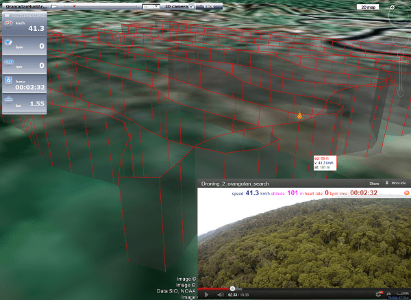 Google Earth-synchronized animation and video of our orangutan nest hunt in Sumatra.