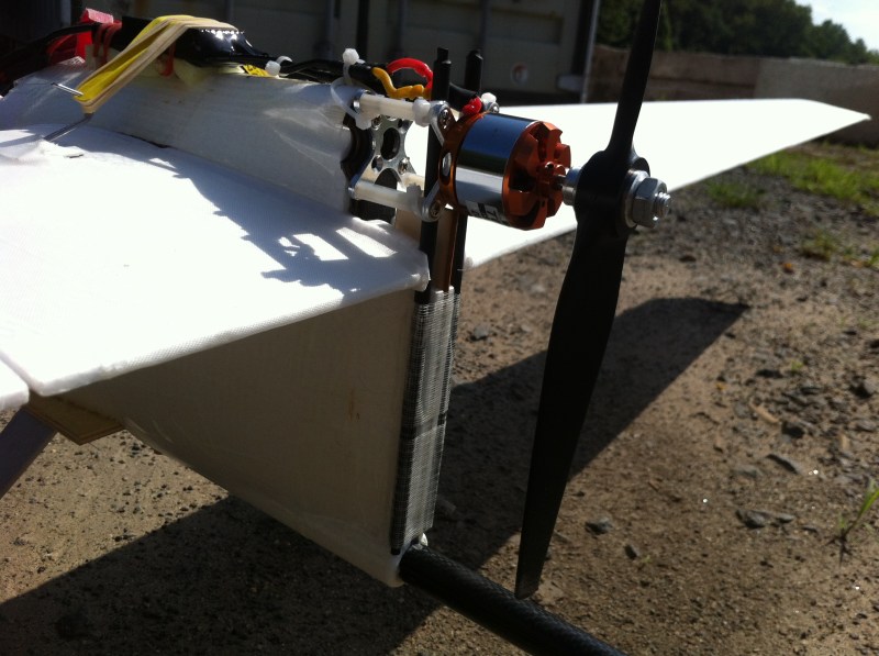 Motor mount supported by two wooden sticks.